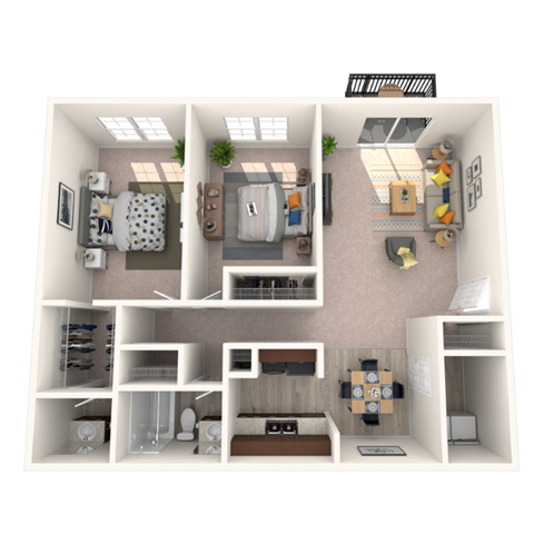 Floor plan for 2 beds, 1.5 baths, 972 sqft